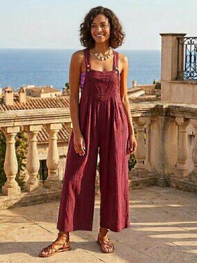 Free People Wide Leg Cotton Overalls Sun-Drenched Cranberry